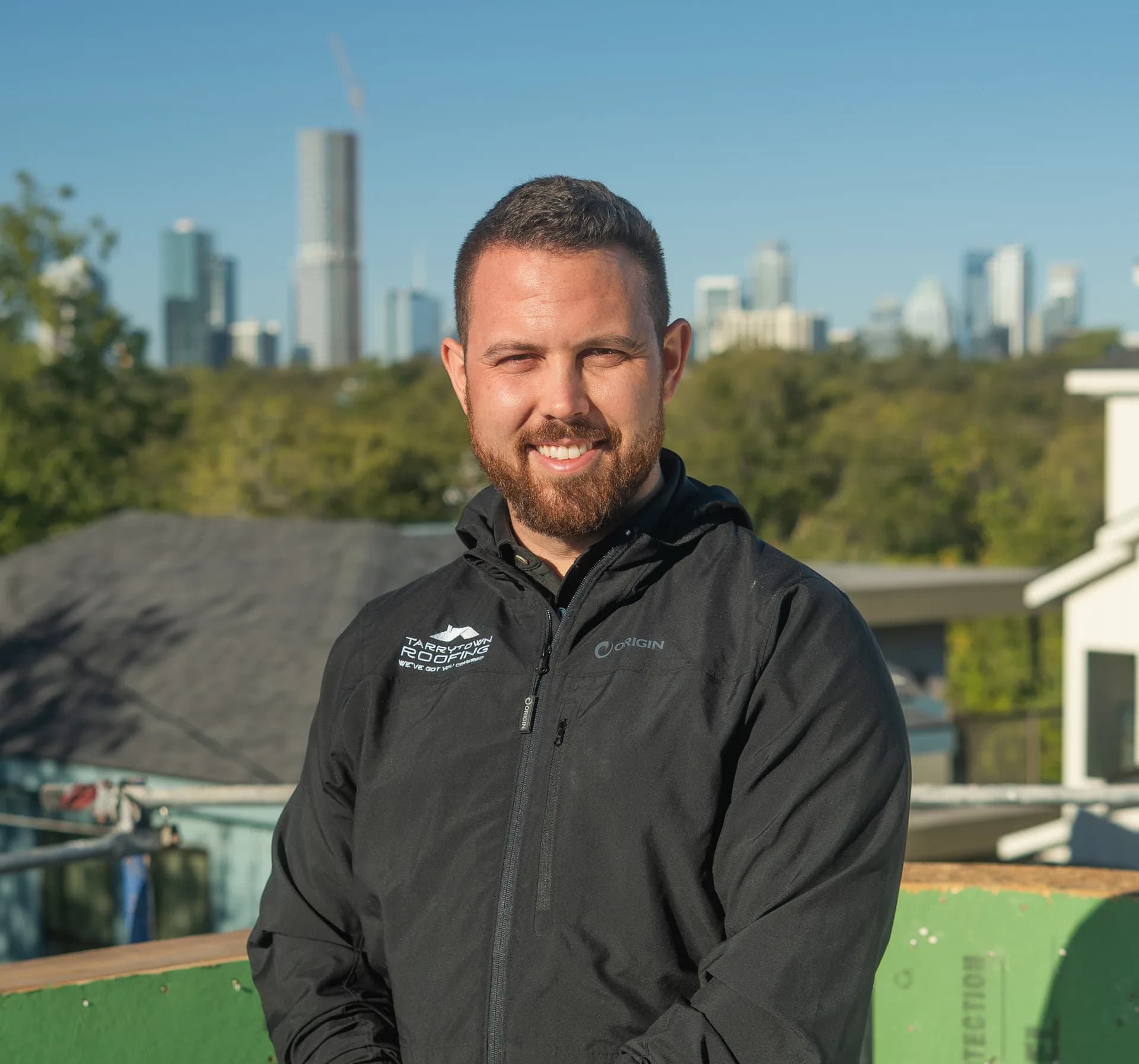 James Kuntz, CEO of Tarrytown Roofing, on an Austin rooftop