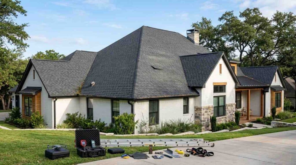 Close-up of hail impact marks on asphalt shingle showing granule loss and exposed mat on a Central Texas roof