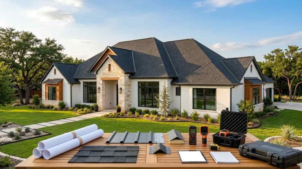 Homeowner reviewing roofing contractor proposal with credentials and reviews on Austin, TX project