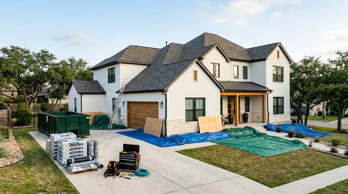 Austin roof replacement project with City of Austin building permit posted on-site