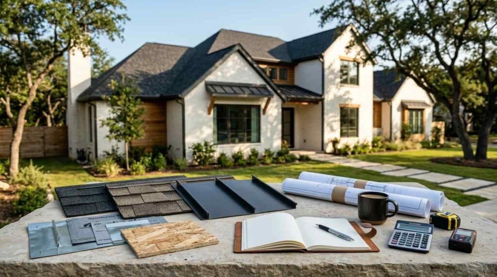 Austin roof-replacement project showing new asphalt shingle installation with cost breakdown context