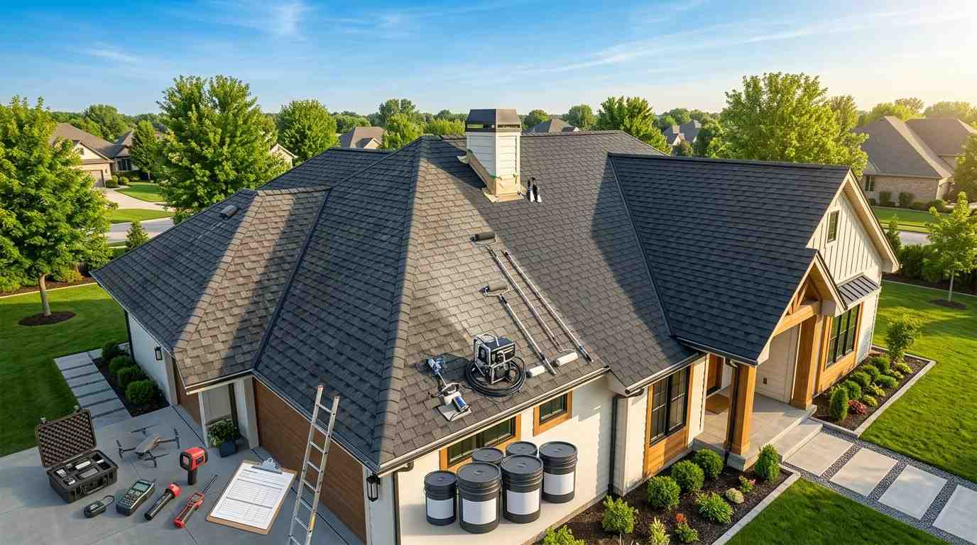 Aged asphalt shingle roof in Central Texas showing UV weathering typical after 15 years of service