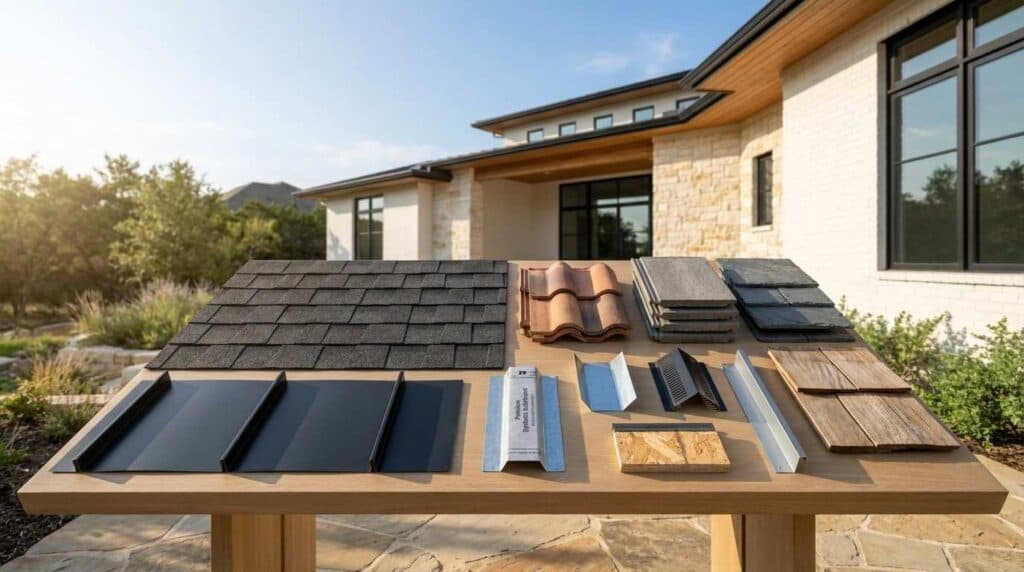 Side-by-side view of asphalt shingle, standing-seam metal, and clay tile roofing on Central Texas homes