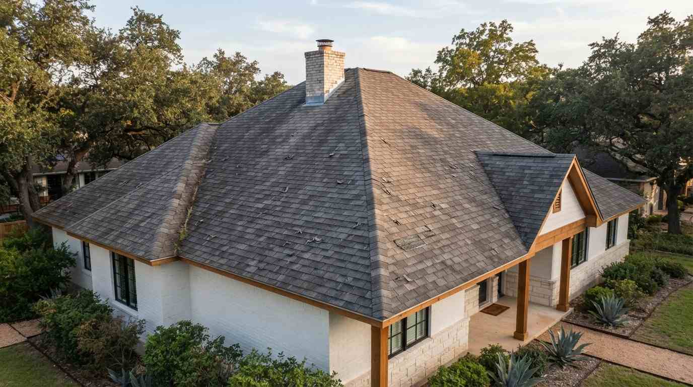 Aged asphalt shingle roof showing widespread wear that indicates full replacement is more cost-effective than repair