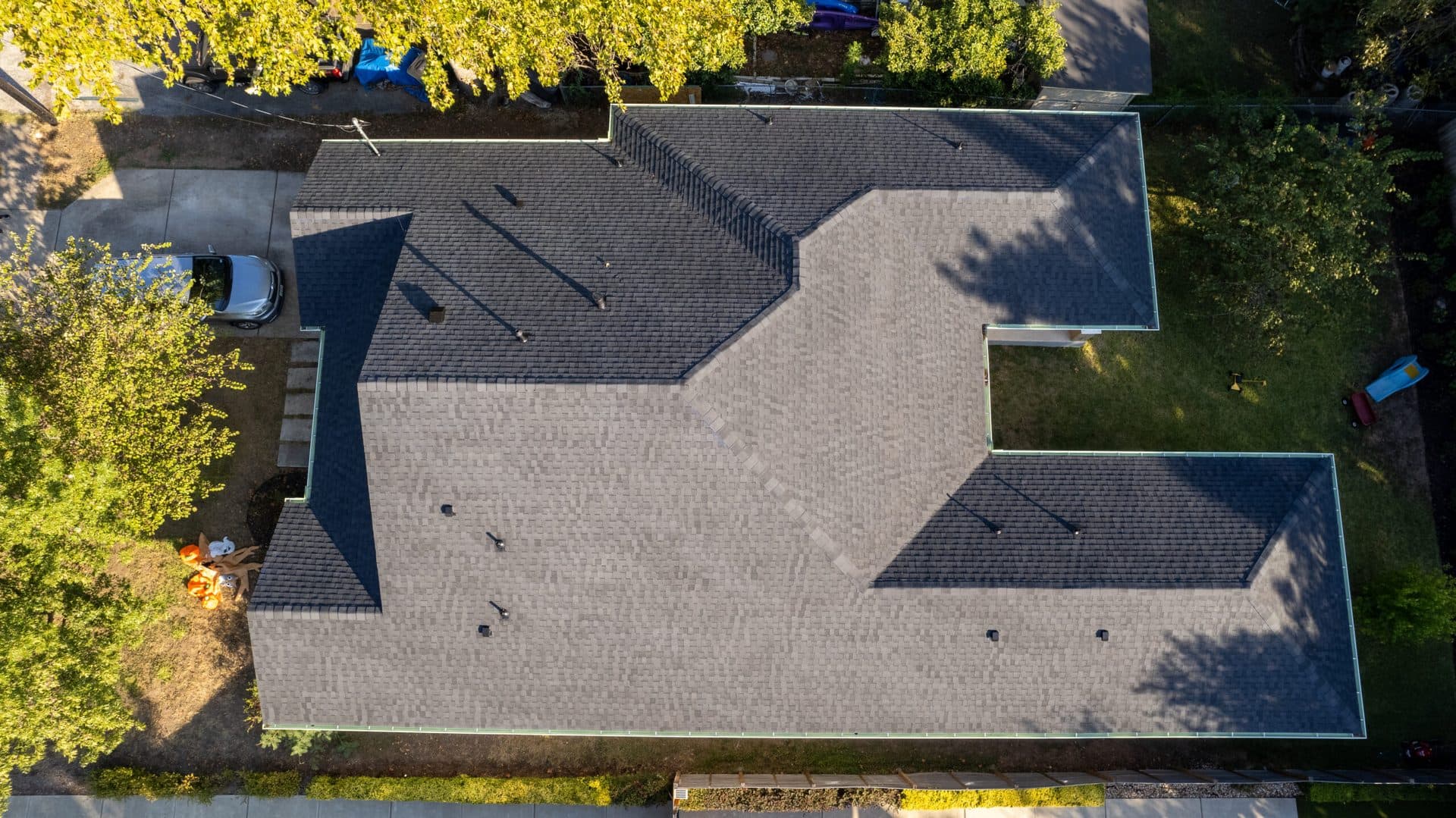 Aerial view of a Tarrytown Roofing residential project in Austin