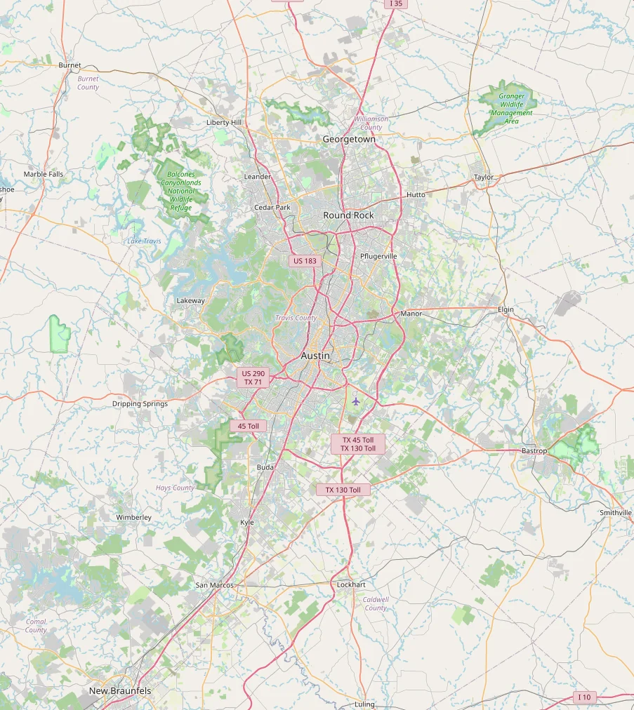 Map of the Greater Austin area showing where Tarrytown Roofing works
