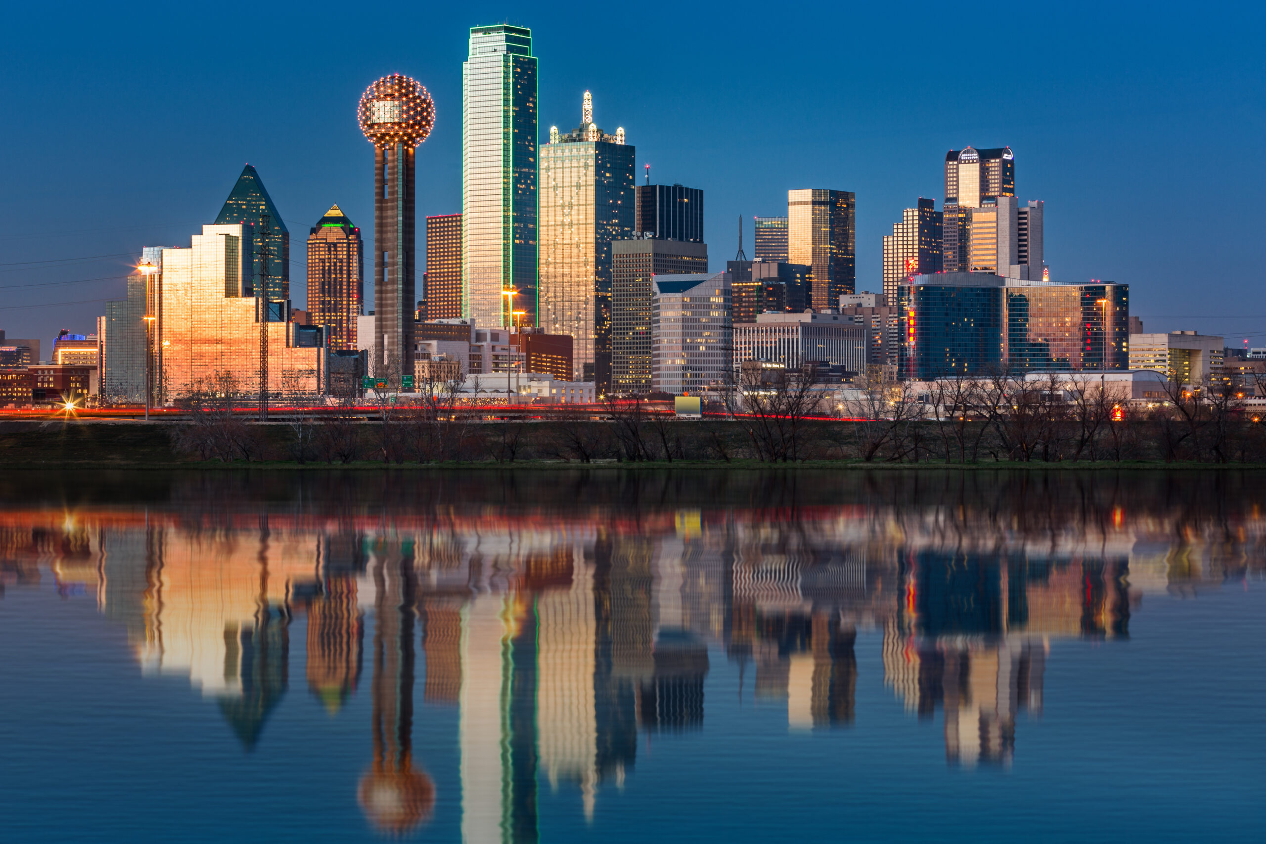 Dallas Texas evening skyline, reflecting off Trinity River