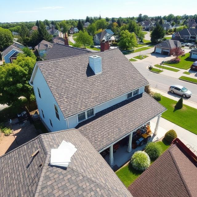 Suburban home undergoing professional roof repairs with shingles, flashing, ladders, roofing materials, and contractor equipment visible in a realistic residential roofing project.