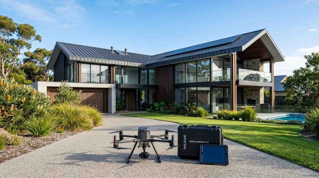 Modern Australian home with a premium roof and professional inspection equipment, illustrating a comprehensive roof condition and structural integrity assessment.