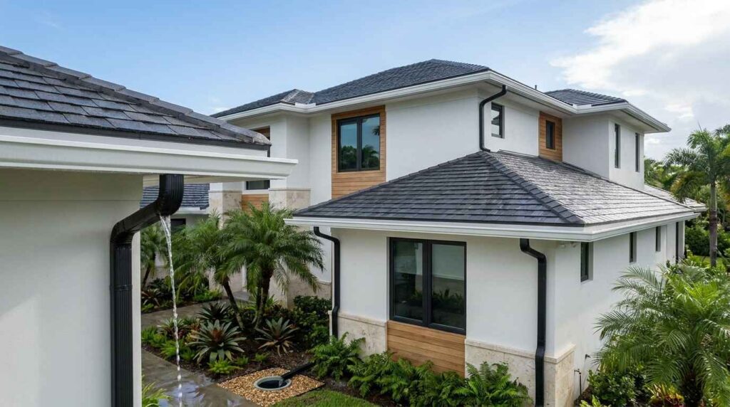 Fort Lauderdale home with a localized roof repair inspection area revealing architectural shingles synthetic underlayment flashing and roof decking during professional roof damage diagnosis without people