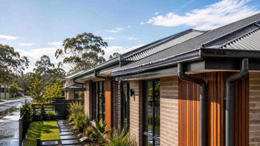 Modern Australian home with professionally installed gutters, downpipes, and leaf guards efficiently managing rainwater through a premium residential roofing system.