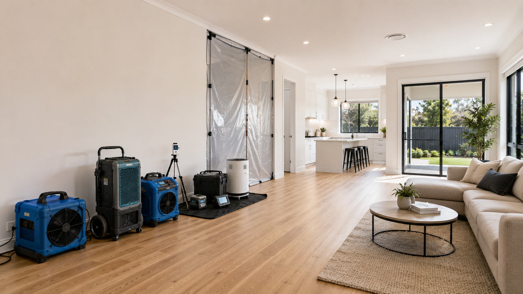 Professionally restored Australian home with commercial smoke remediation equipment, spotless interiors, and premium finishes following complete smoke odor and soot removal.