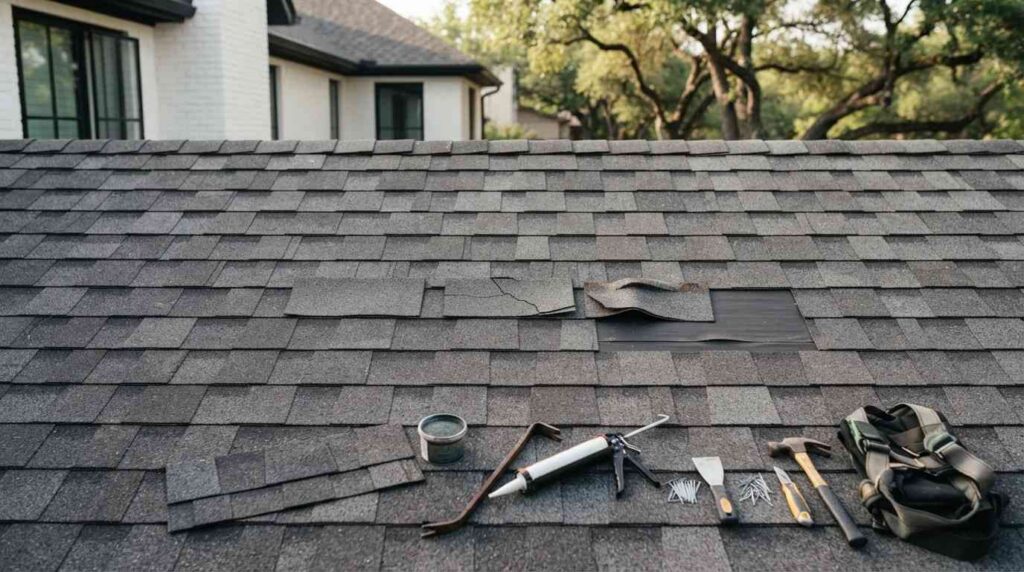 architectural asphalt roof showing isolated cracked curled and missing shingles with professional repair tools prepared for targeted roof repairs in Austin without people