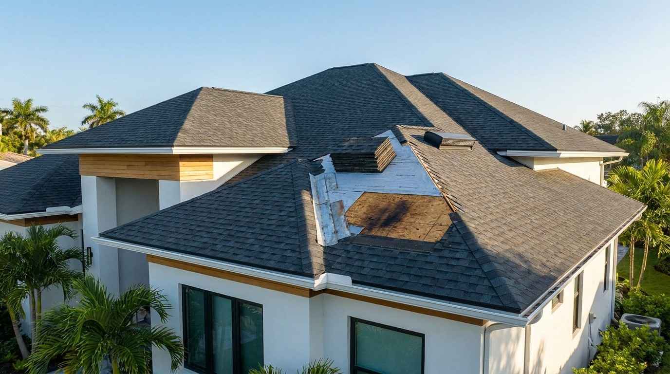 Fort Lauderdale home with a localized roof repair inspection area revealing architectural shingles synthetic underlayment flashing and roof decking during professional roof damage diagnosis without people