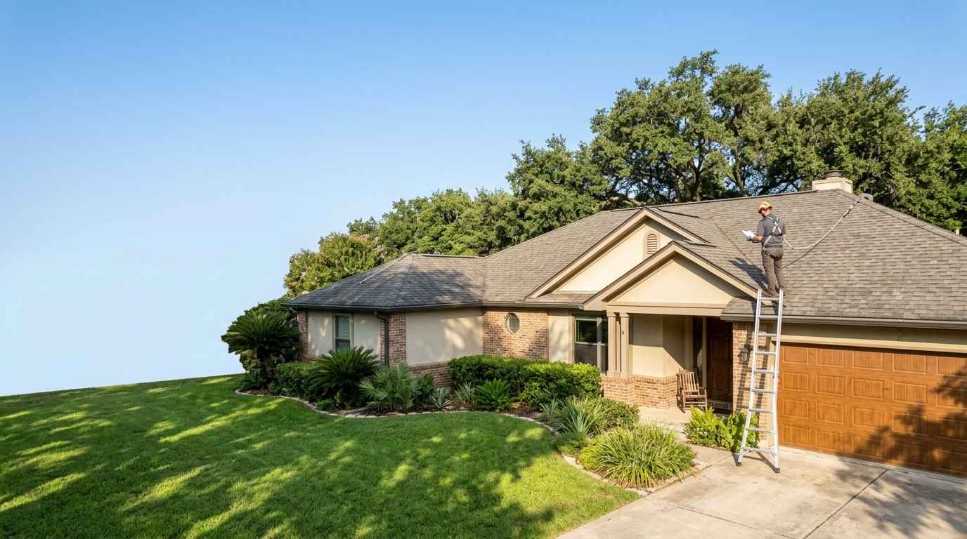 Professional inspection of an aging asphalt shingle roof on an Austin home, illustrating how roof age and condition affect homeowners insurance eligibility and when an older roof may become uninsurable.