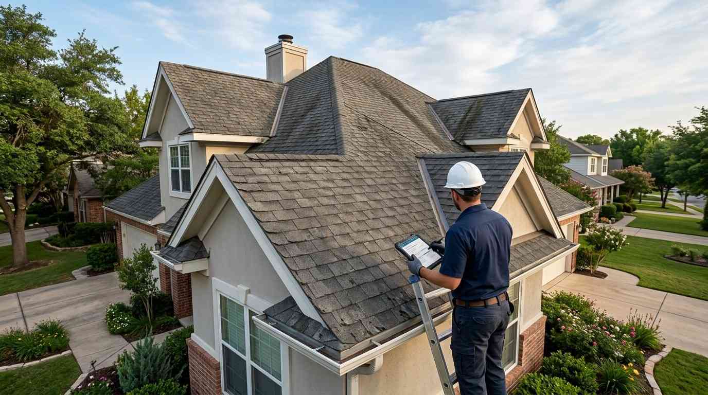 Professional inspection of a well-maintained 20-year-old asphalt shingle roof on an Austin home, illustrating whether an aging roof should be repaired, replaced, or evaluated for insurance coverage.
