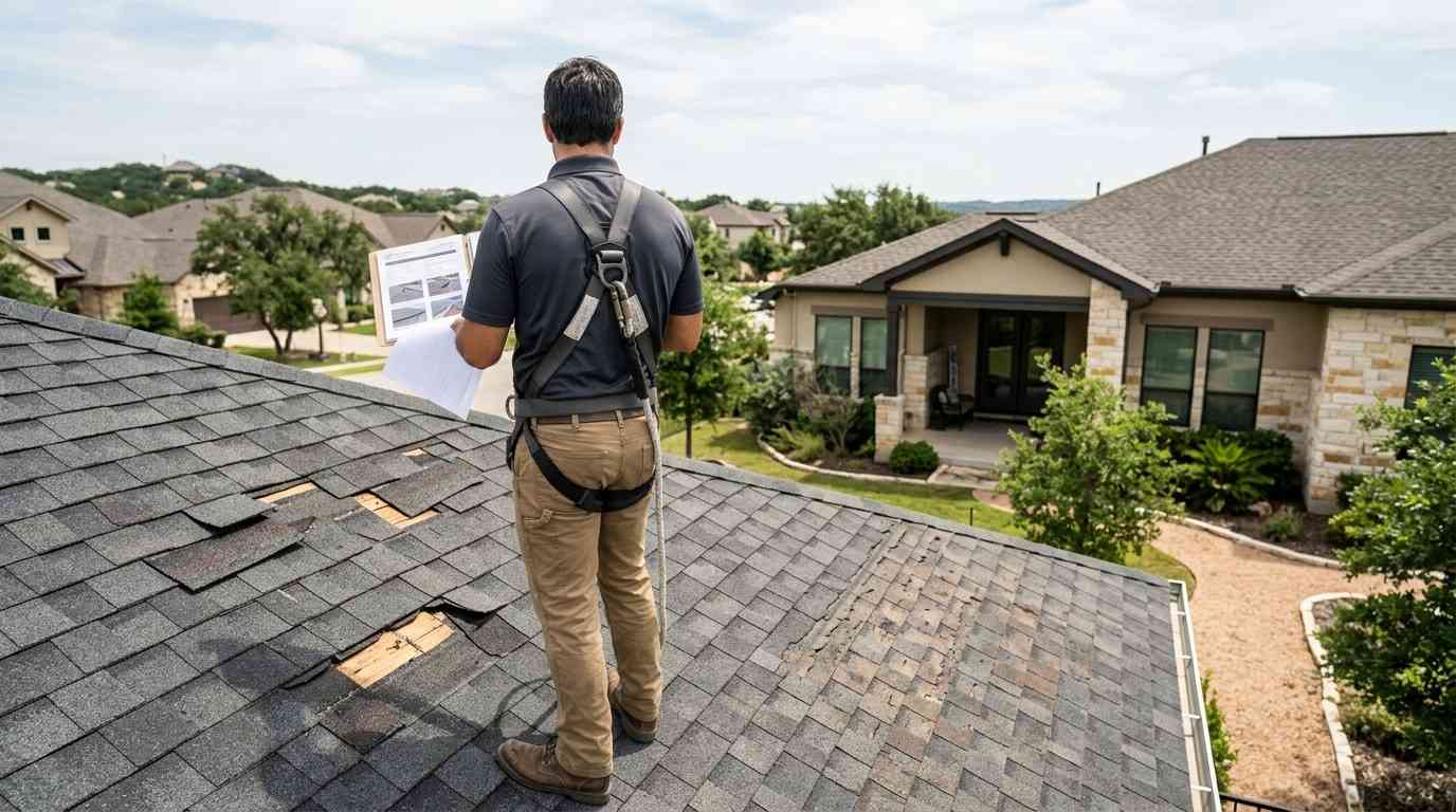 Professional roof inspection with organised insurance claim documents illustrating how proper documentation and identifying covered storm damage help homeowners avoid insurance claim denials.