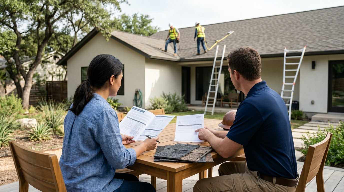 Homeowner reviewing a detailed roofing proposal with a licensed contractor before signing, illustrating smart communication, transparent estimates, and informed decision-making during a roof replacement project.