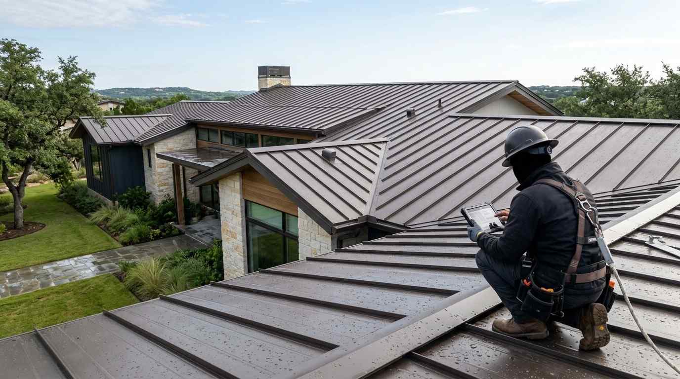 Modern Austin home with a professionally installed standing seam metal roof, illustrating one of the most leak-resistant residential roofing systems available.