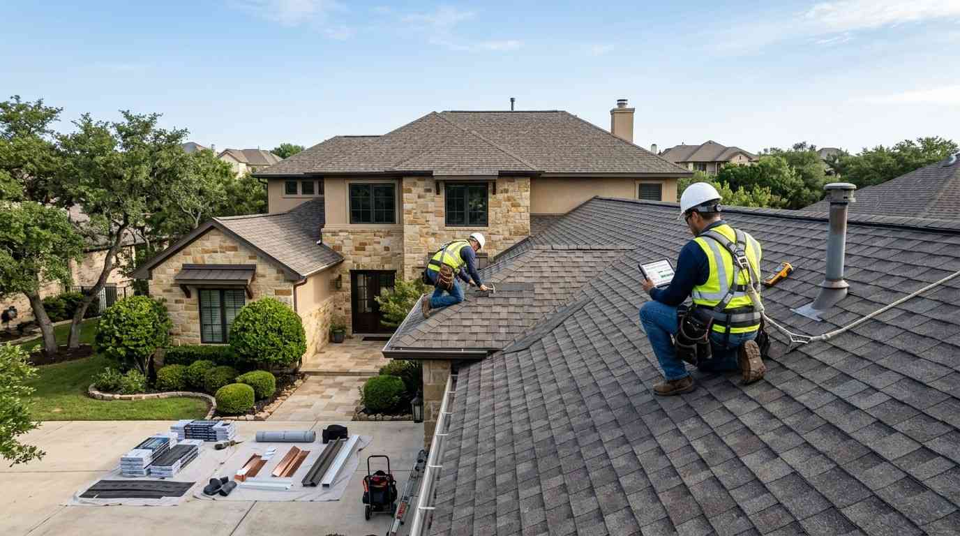 Professional roofing contractor inspecting and repairing a residential roof in Austin, illustrating the range of roofing services including inspections, repairs, maintenance, replacements, gutters, and storm damage restoration.