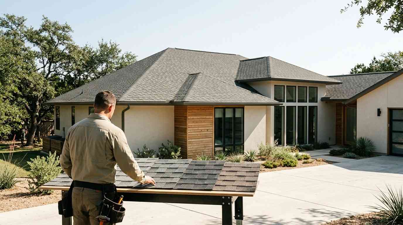 Weathered gray architectural asphalt shingles displayed beside a modern Austin home, illustrating durable shingle colors that maintain their appearance and resist fading over time.