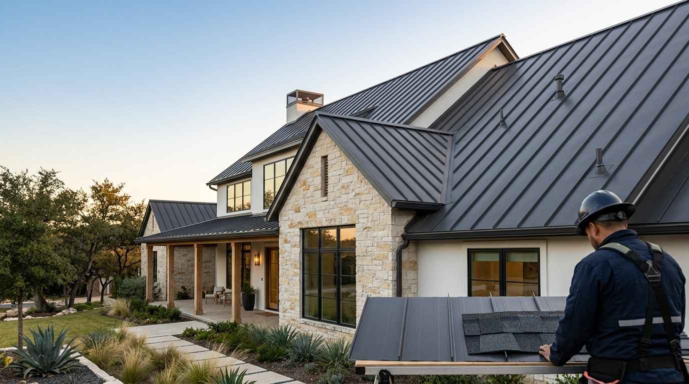 Modern Austin home with a premium standing seam metal roof, illustrating a roofing system that enhances curb appeal, durability, and long-term property value.