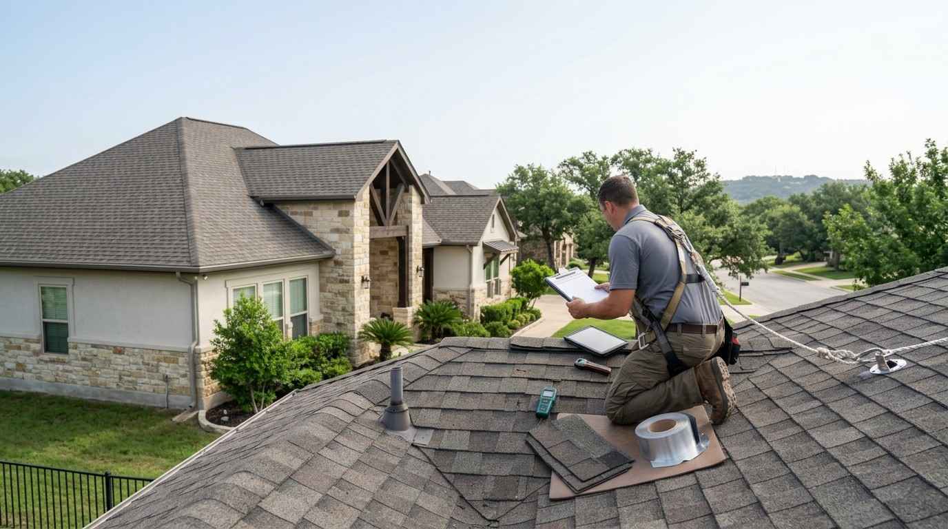 Professional inspection of a well-maintained asphalt shingle roof at an Austin home, illustrating when roof repairs and maintenance are more appropriate than a full roof replacement.