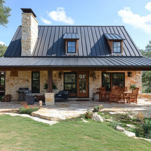 Modern stone cottage with metal roof nestled in nature Metal Roof Dripping Springs Texas, outside Austin